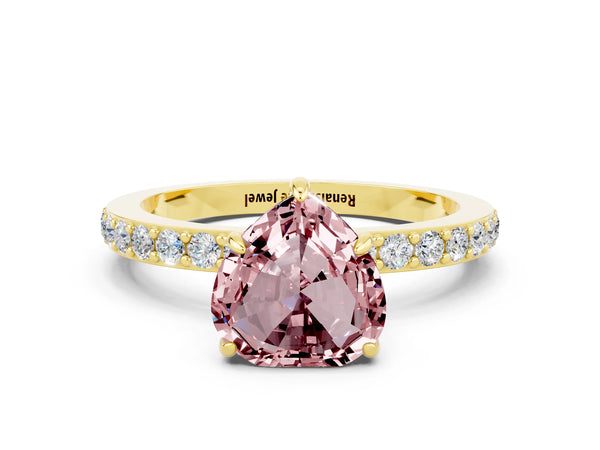 Yellow gold Heart Cut Morganite Solitaire Engagement Ring with Pavé Band and Four-Prong Setting
