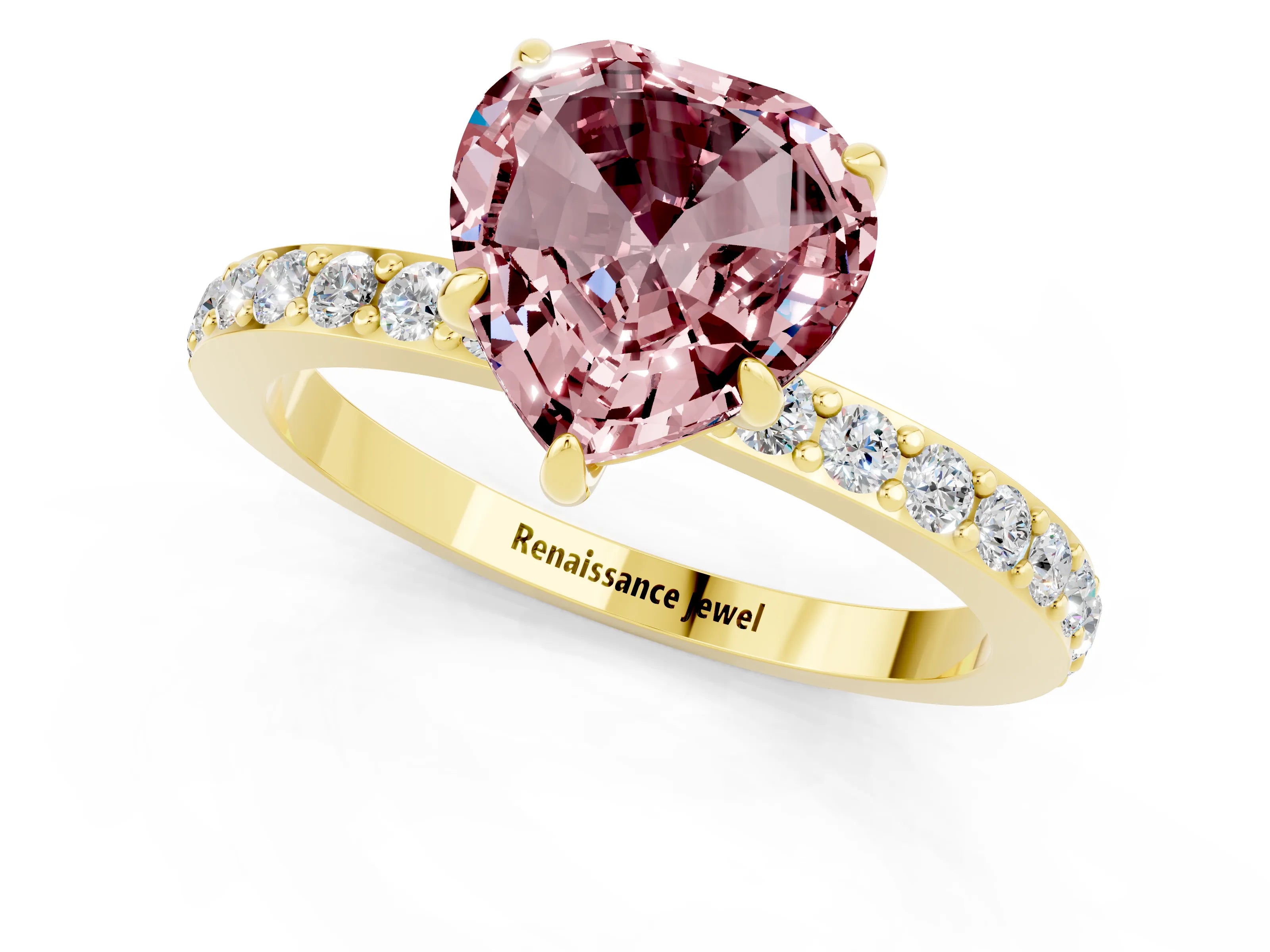 Yellow gold Heart Cut Morganite Solitaire Engagement Ring with Pavé Band and Four-Prong Setting_1