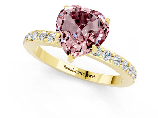 Yellow gold Heart Cut Morganite Solitaire Engagement Ring with Pavé Band and Four-Prong Setting
