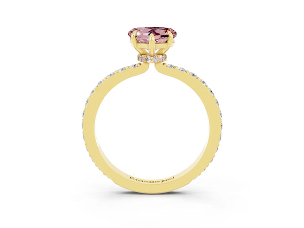 Yellow gold Heart Cut Morganite Solitaire Engagement Ring with Pavé Band and Four-Prong Setting