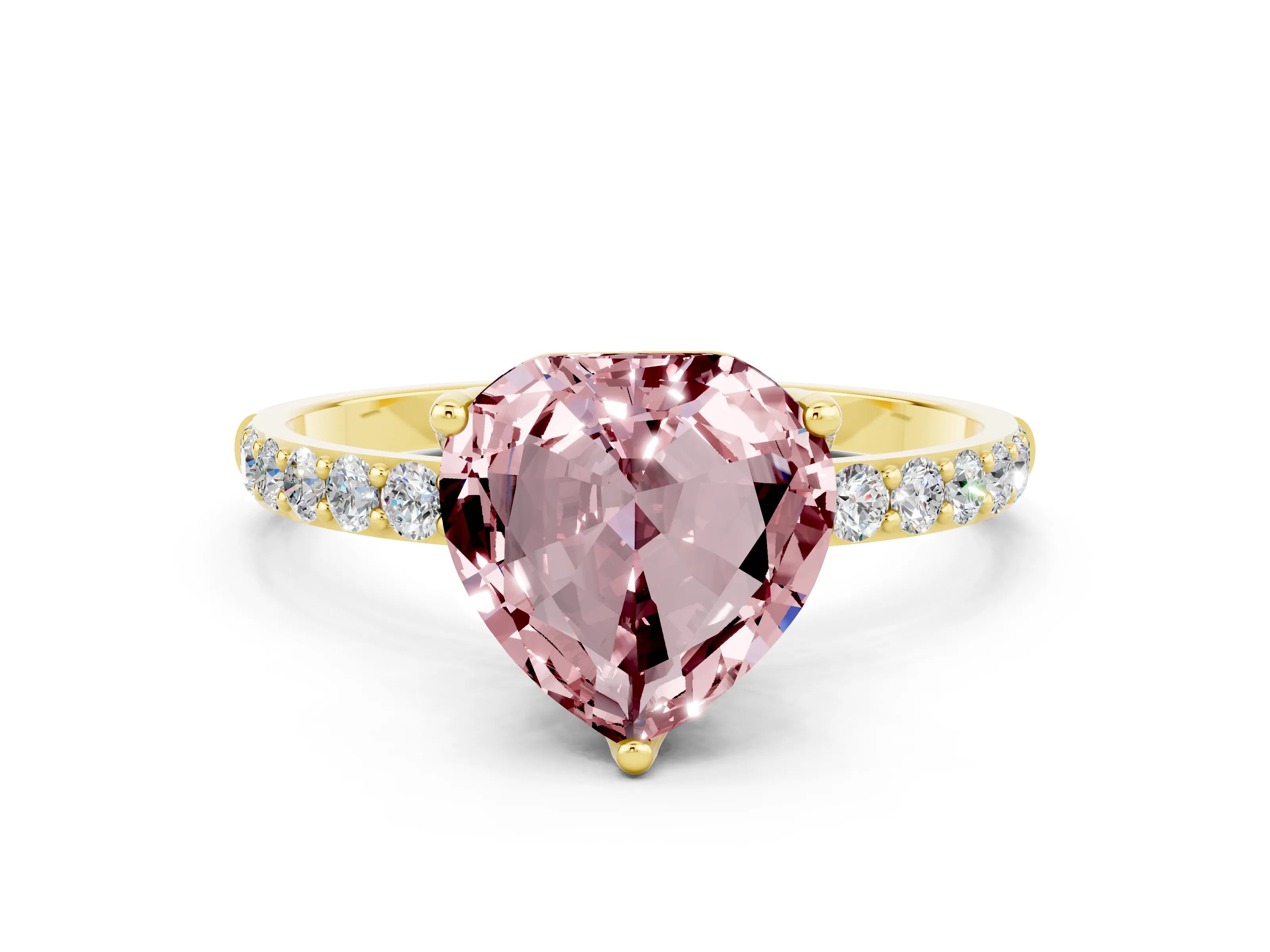 Yellow gold Heart Cut Morganite Solitaire Engagement Ring with Pavé Band and Prong Setting