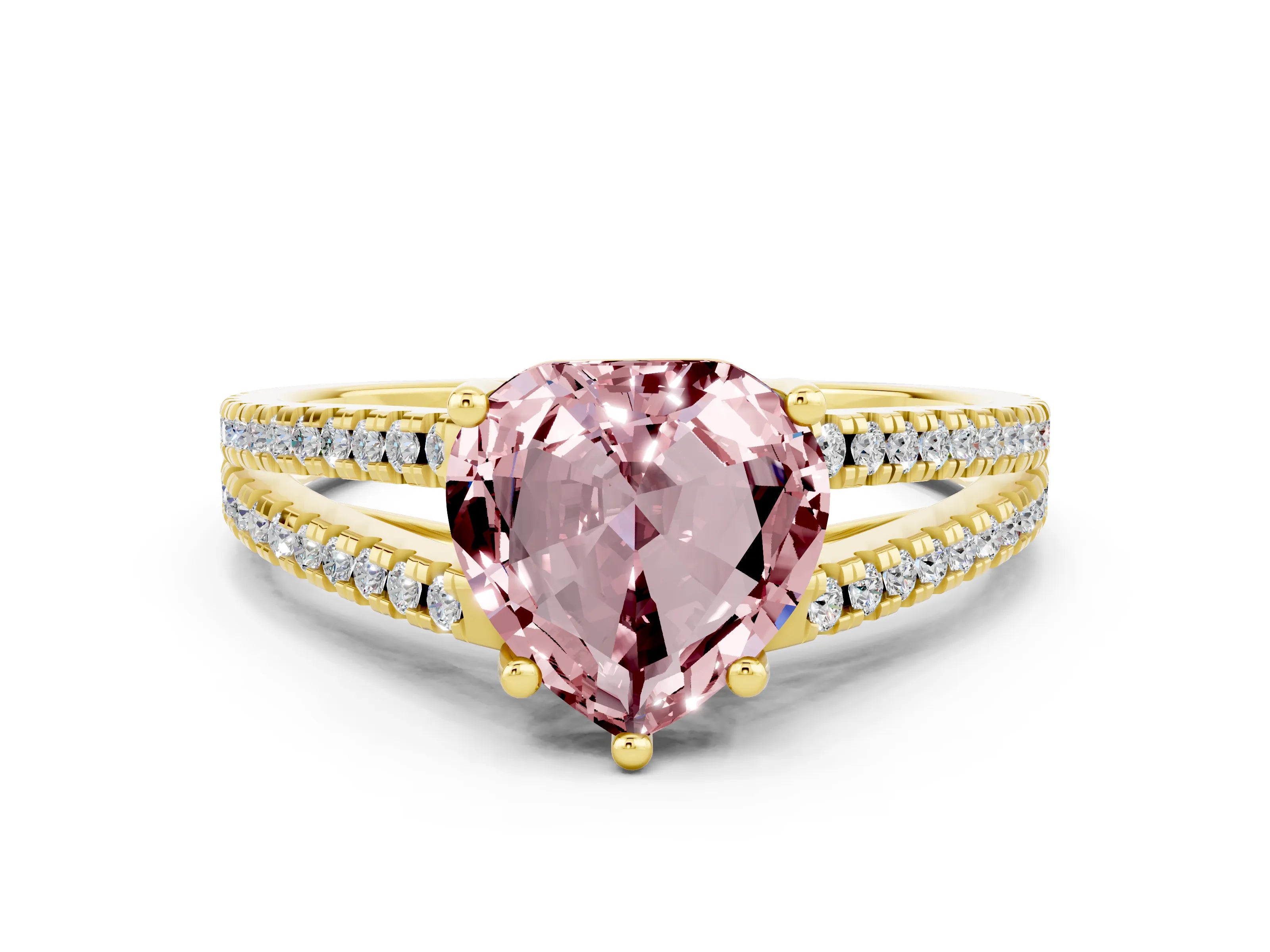 Yellow gold Heart Cut Morganite Solitaire Engagement Ring with Split Shank Pavé Band