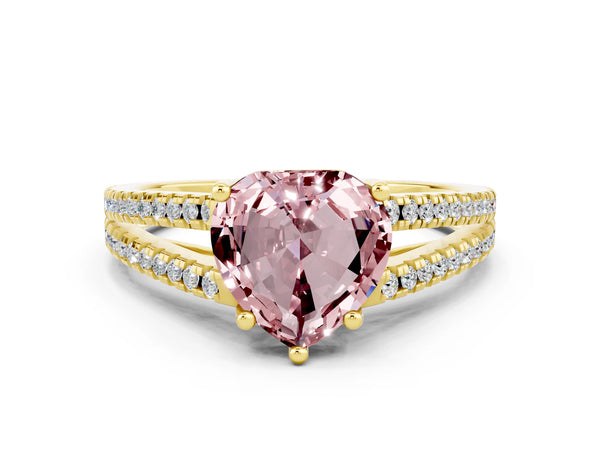 Yellow gold Heart Cut Morganite Solitaire Engagement Ring with Split Shank Pavé Band