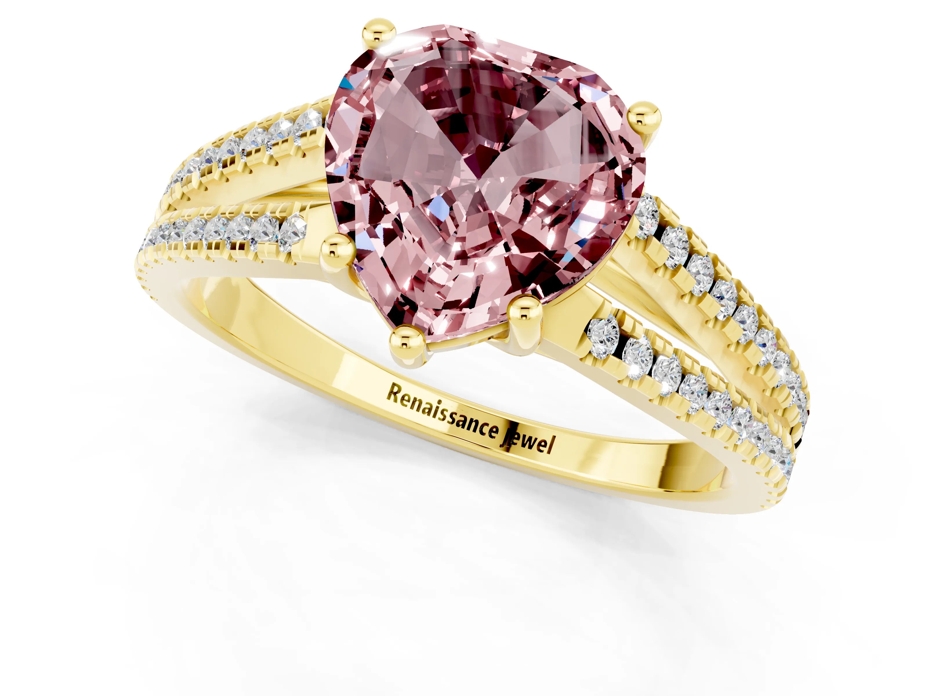 Yellow gold Heart Cut Morganite Solitaire Engagement Ring with Split Shank Pavé Band_1
