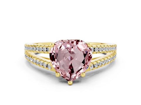 Yellow gold Heart Cut Morganite Solitaire Engagement Ring with Split Shank Pavé Band