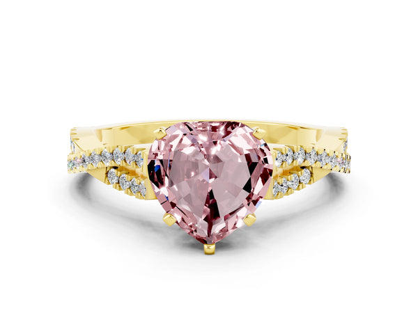 Yellow gold Heart Cut Morganite Solitaire Engagement Ring with Twisted Pavé Band and Four-Prong Setting