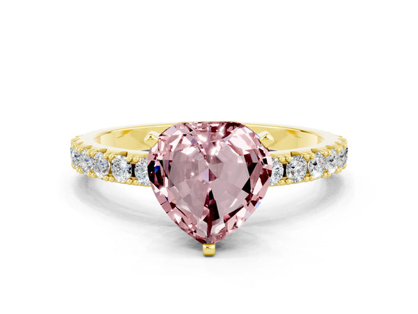 Yellow gold Heart Cut Morganite Solitaire Pavé Band with Four-Prong Setting