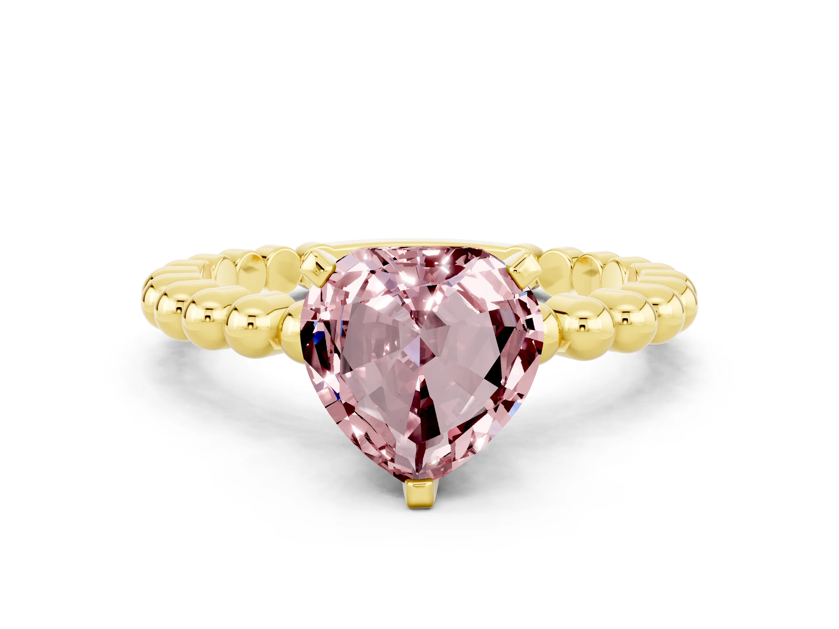 Yellow gold Heart Cut Morganite Solitaire Ring with Beaded Band and Prong Setting