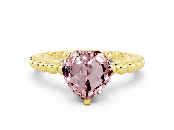 Yellow gold Heart Cut Morganite Solitaire Ring with Beaded Band and Prong Setting
