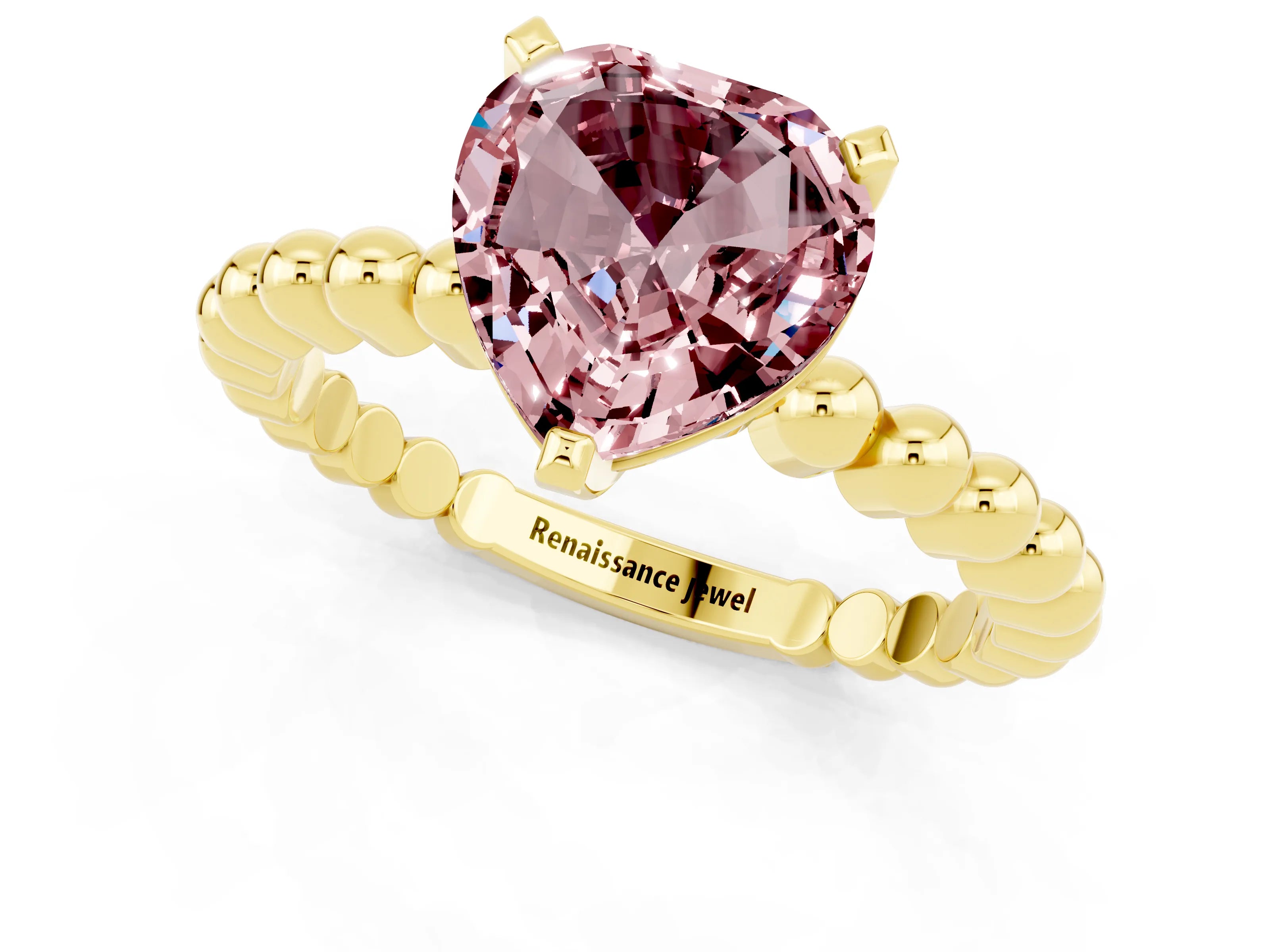Yellow gold Heart Cut Morganite Solitaire Ring with Beaded Band and Prong Setting_1