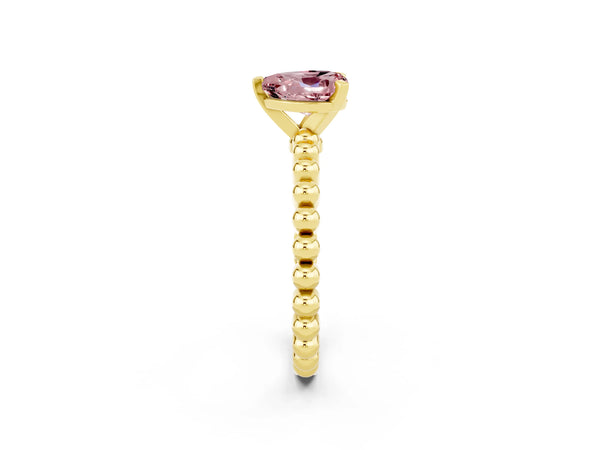 Yellow gold Heart Cut Morganite Solitaire Ring with Beaded Band and Prong Setting