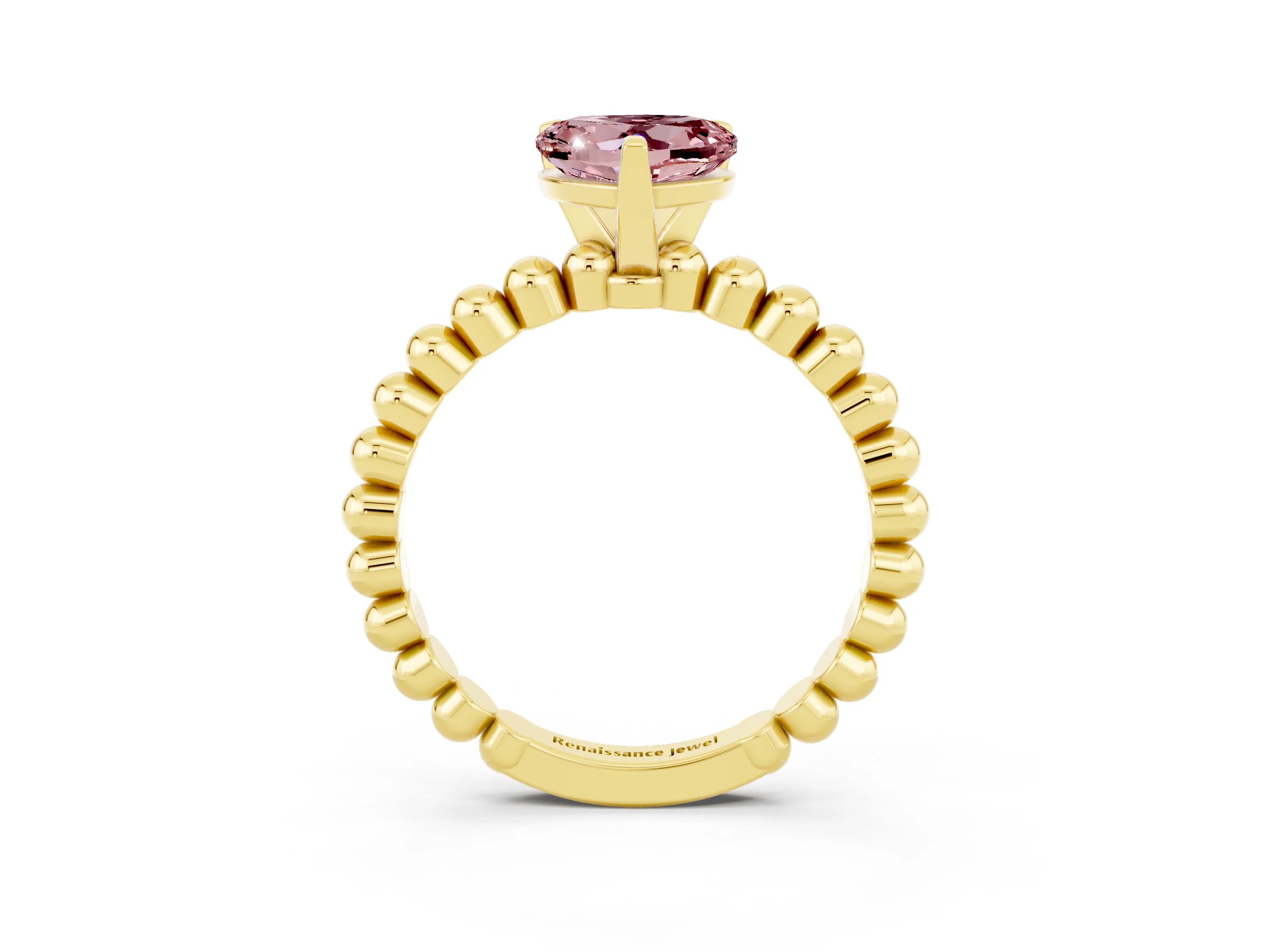 Yellow gold Heart Cut Morganite Solitaire Ring with Beaded Band and Prong Setting_3