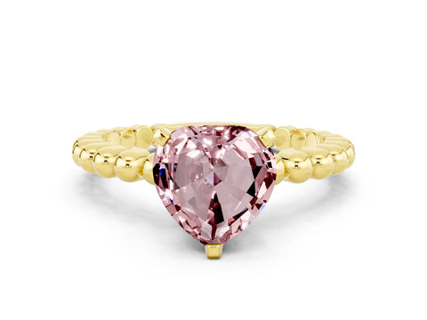 Yellow gold Heart Cut Morganite Solitaire Ring with Beaded Band and Prong Setting