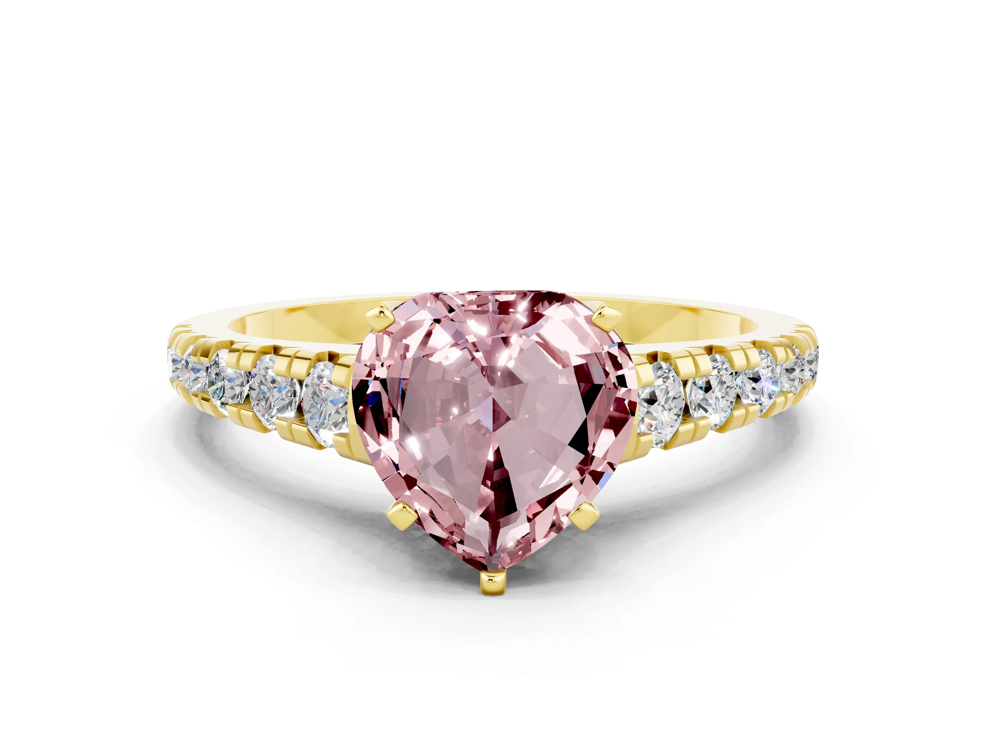 Yellow gold Heart Cut Morganite Solitaire Ring with Cathedral Setting and Pavé Band