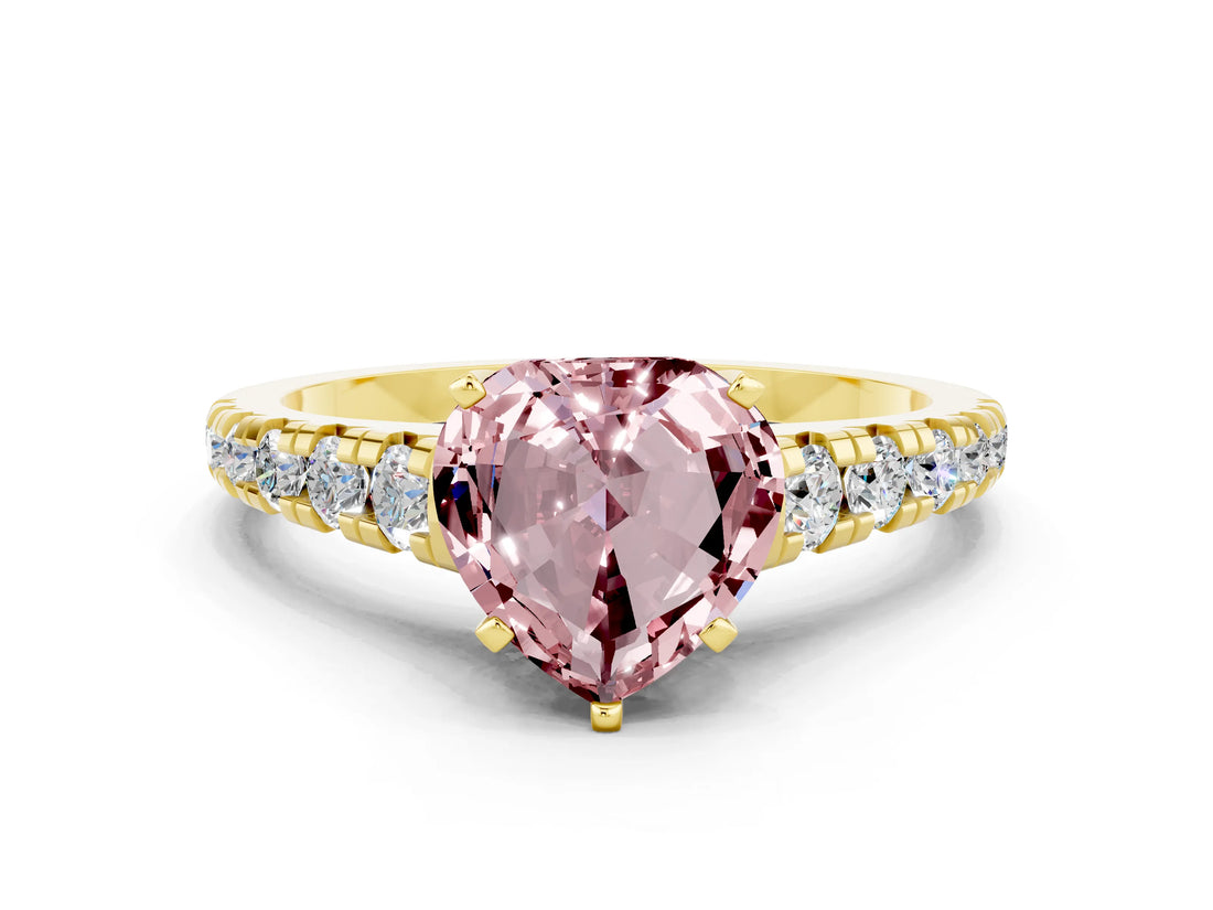 Yellow gold Heart Cut Morganite Solitaire Ring with Cathedral Setting and Pavé Band