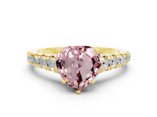 Yellow gold Heart Cut Morganite Cathedral Solitaire Ring with Round  Pavé Band