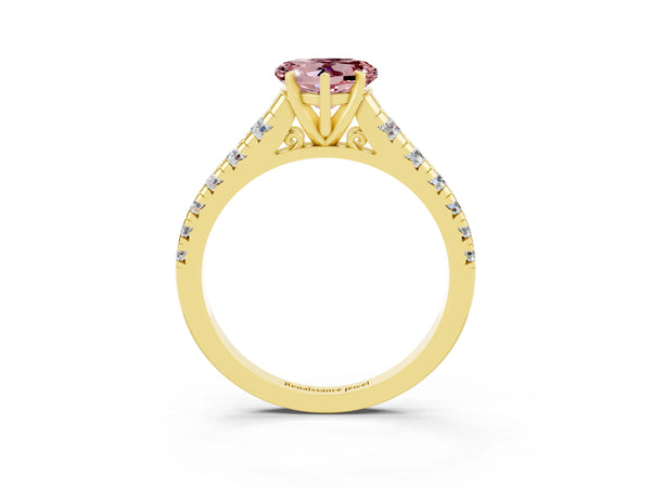 Yellow gold Heart Cut Morganite Cathedral Solitaire Ring with Round  Pavé Band