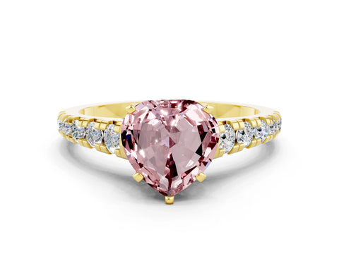 Yellow gold Heart Cut Morganite Solitaire Ring with Cathedral Setting and Pavé Band