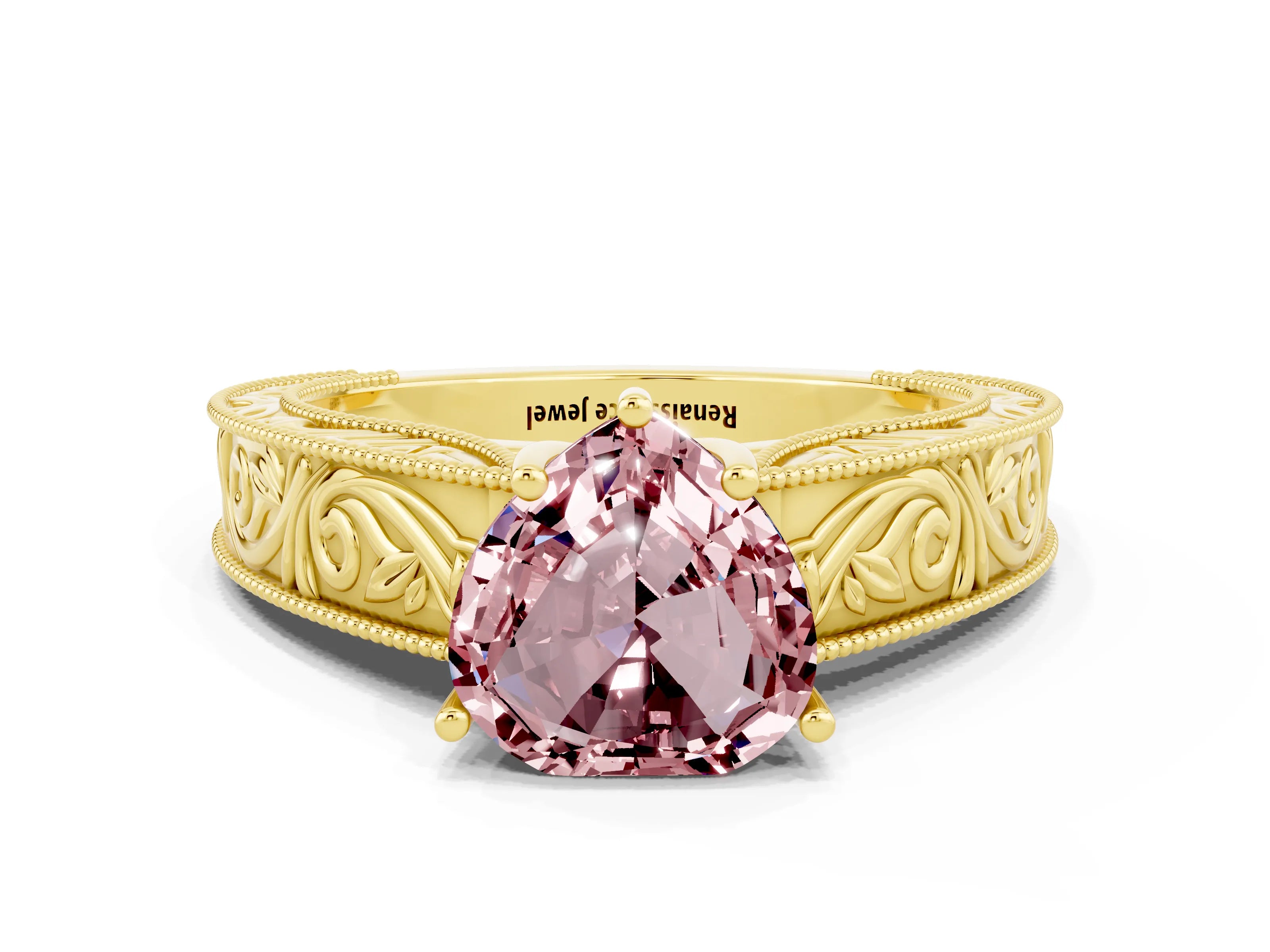 Yellow gold Heart Cut Morganite Solitaire Ring with Engraved Band and Four-Prong Setting