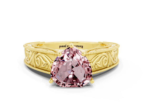 Yellow gold Heart Cut Morganite Solitaire Ring with Engraved Band and Four-Prong Setting
