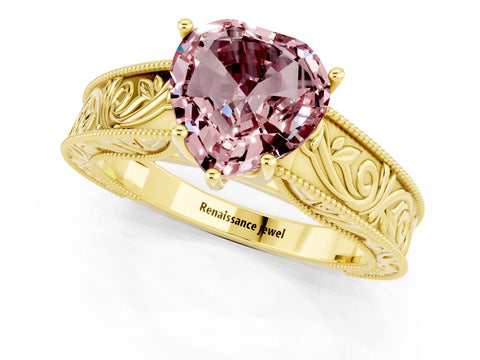 Yellow gold Heart Cut Morganite Solitaire Ring with Engraved Band and Four-Prong Setting_1