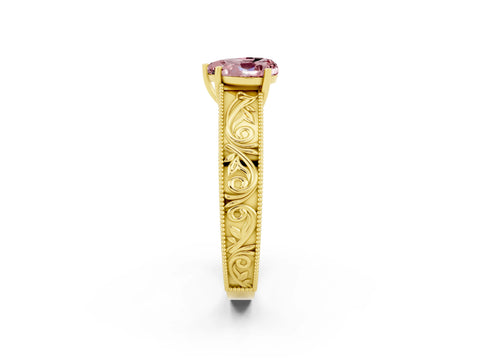 Yellow gold Heart Cut Morganite Solitaire Ring with Engraved Band and Four-Prong Setting_2