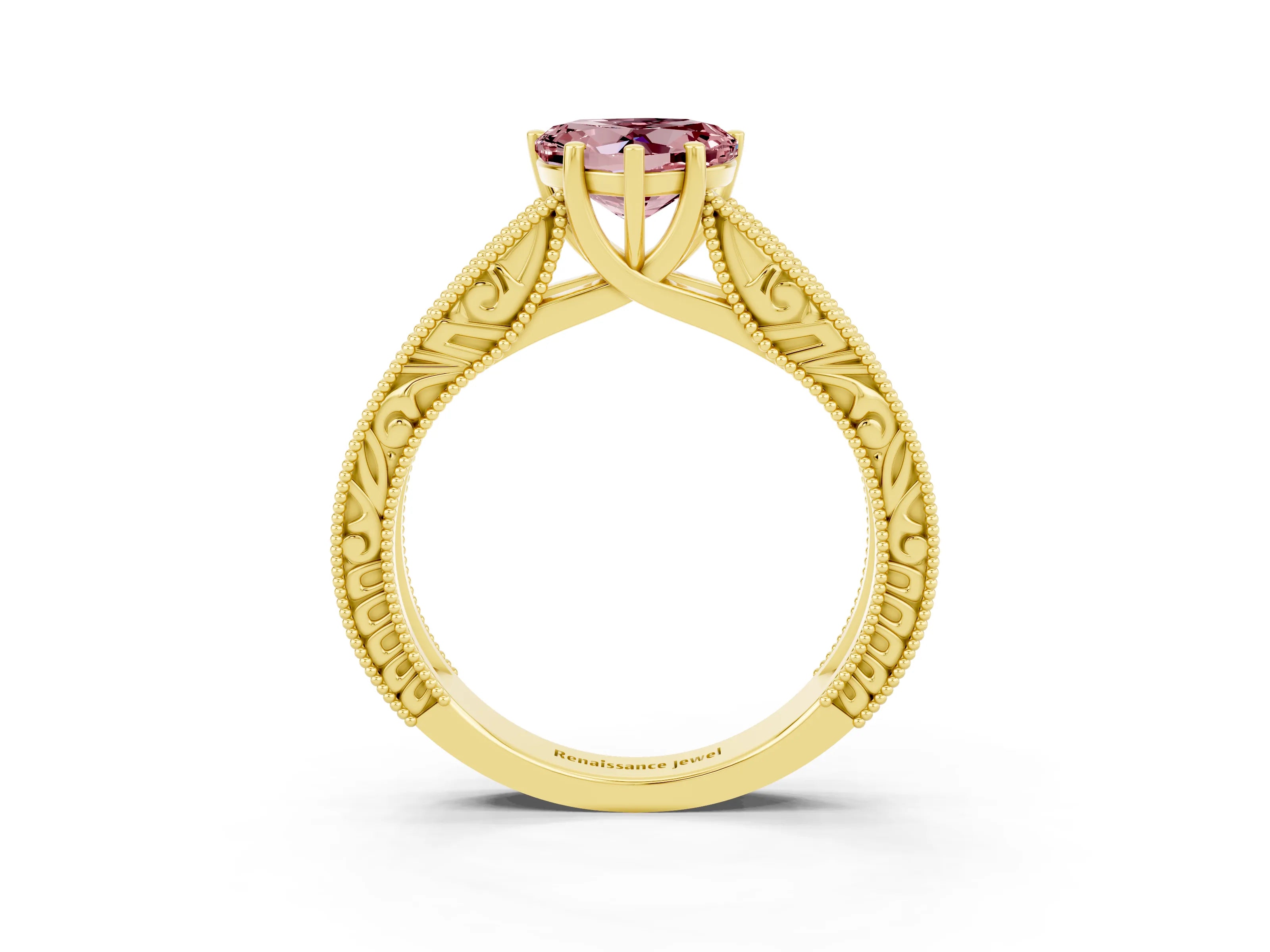 Yellow gold Heart Cut Morganite Solitaire Ring with Engraved Band and Four-Prong Setting_3