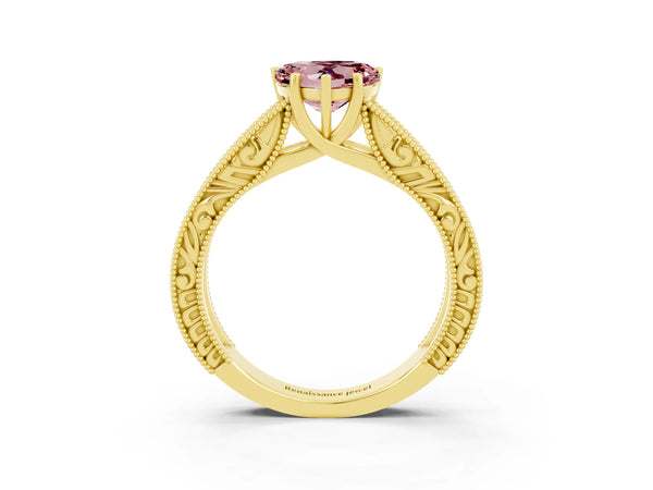 Yellow gold Heart Cut Morganite Solitaire Ring with Engraved Band and Four-Prong Setting
