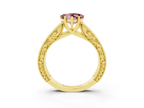 Yellow gold Heart Cut Morganite Solitaire Ring with Engraved Band and Four-Prong Setting_3