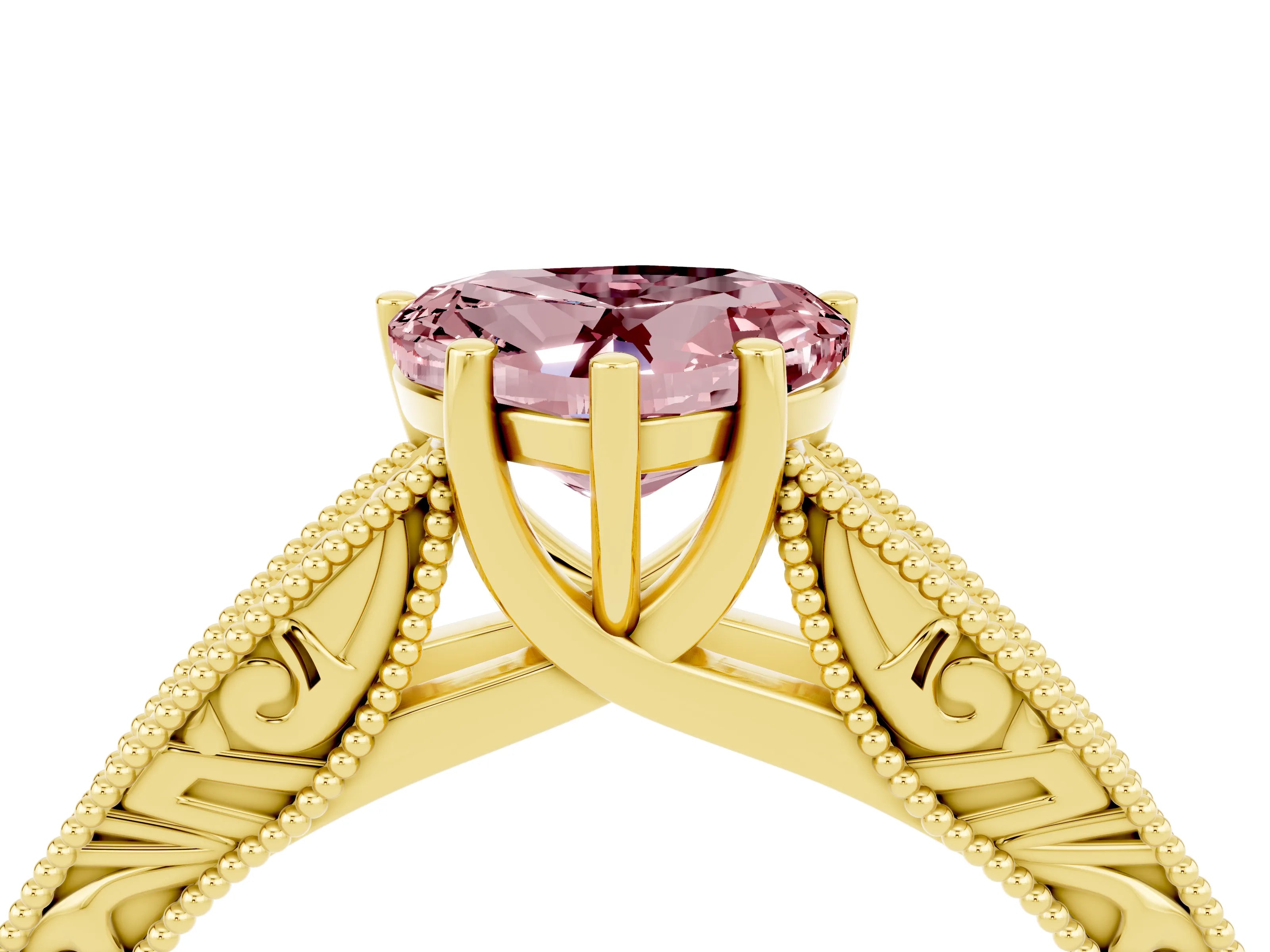 Yellow gold Heart Cut Morganite Solitaire Ring with Engraved Band and Four-Prong Setting_4