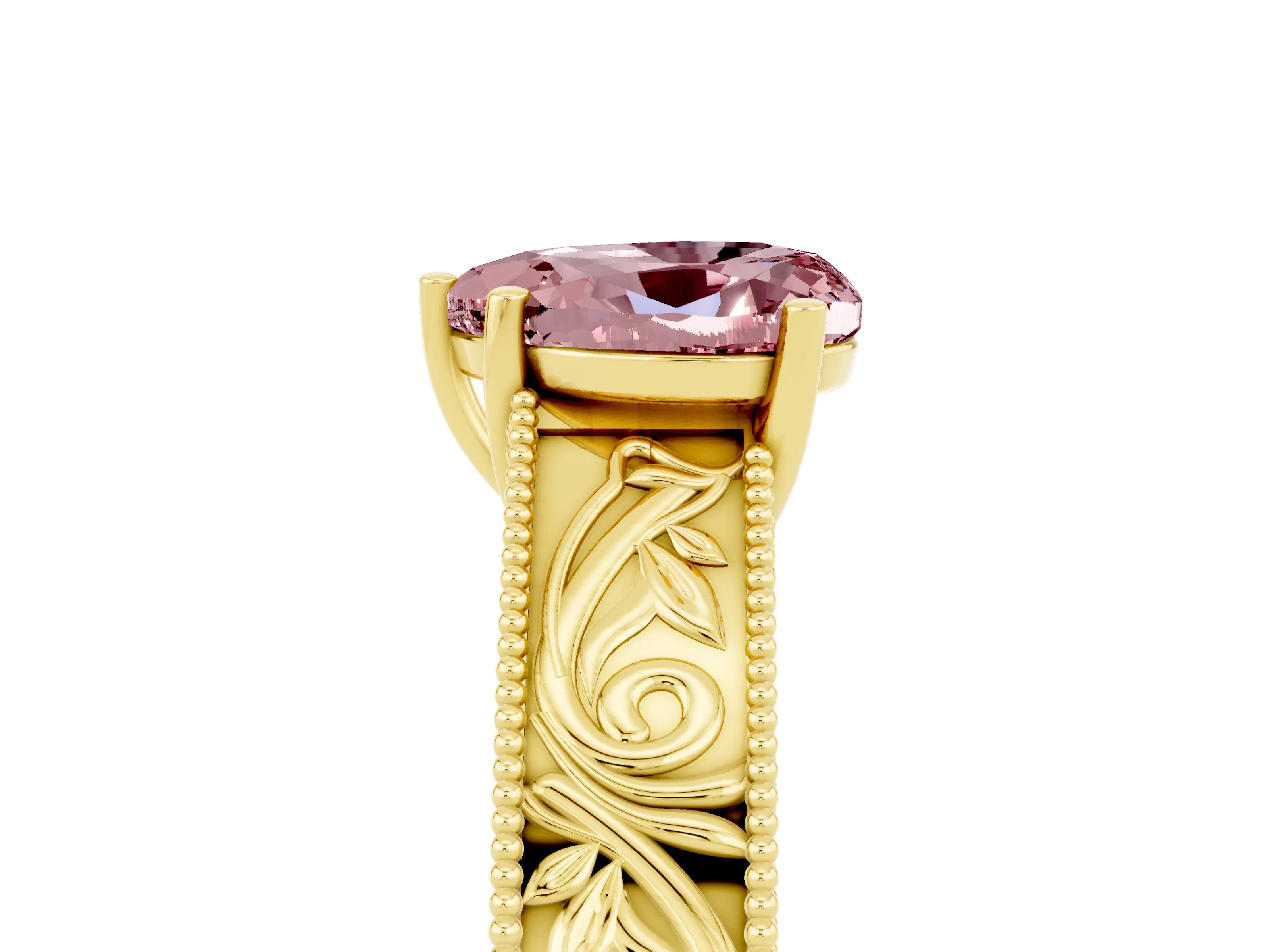 Yellow gold Heart Cut Morganite Solitaire Ring with Engraved Band and Four-Prong Setting_5
