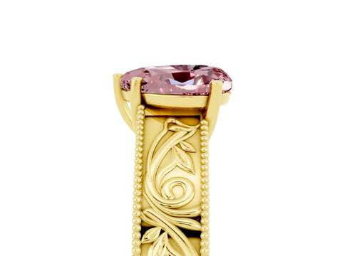 Yellow gold Heart Cut Morganite Solitaire Ring with Engraved Band and Four-Prong Setting_5