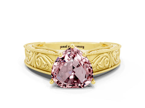 Yellow gold Heart Cut Morganite Solitaire Ring with Engraved Band and Four-Prong Setting