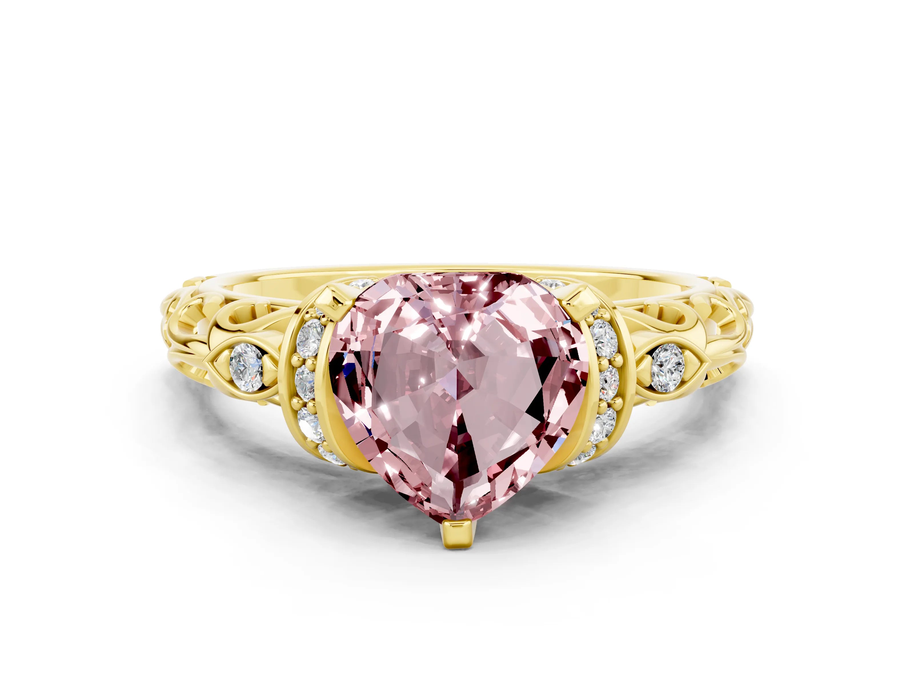 Yellow gold Heart Cut Morganite Solitaire Ring with Filigree Band and Four-Prong Setting_24