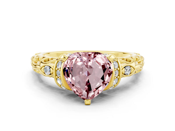 Yellow gold Heart Cut Morganite Solitaire Ring with Filigree Band and Four-Prong Setting