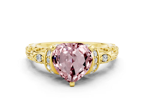 Yellow gold Heart Cut Morganite Solitaire Ring with Filigree Band and Four-Prong Setting_24