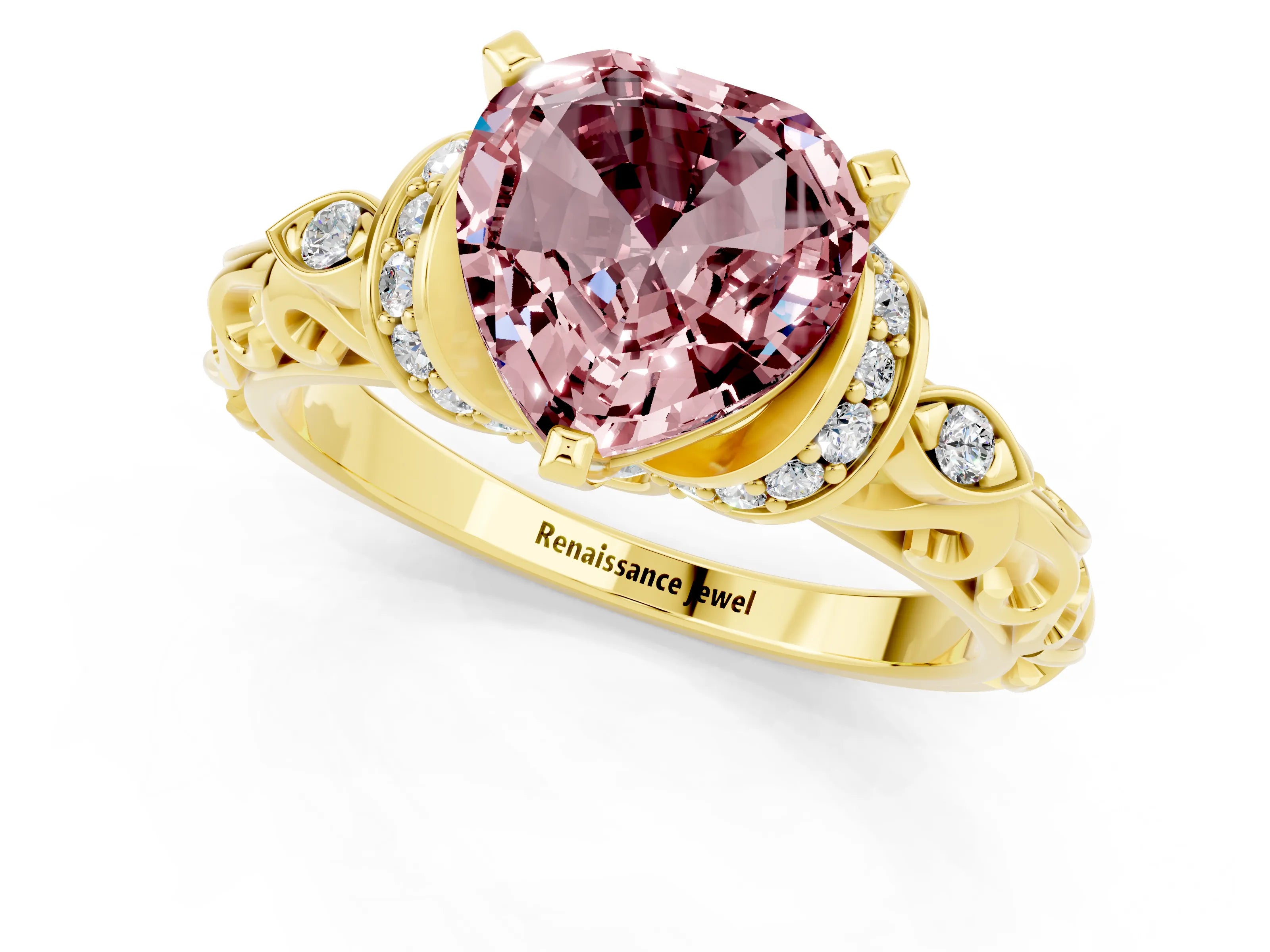 Yellow gold Heart Cut Morganite Solitaire Ring with Filigree Band and Four-Prong Setting_25