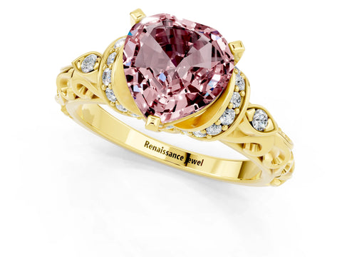 Yellow gold Heart Cut Morganite Solitaire Ring with Filigree Band and Four-Prong Setting_25