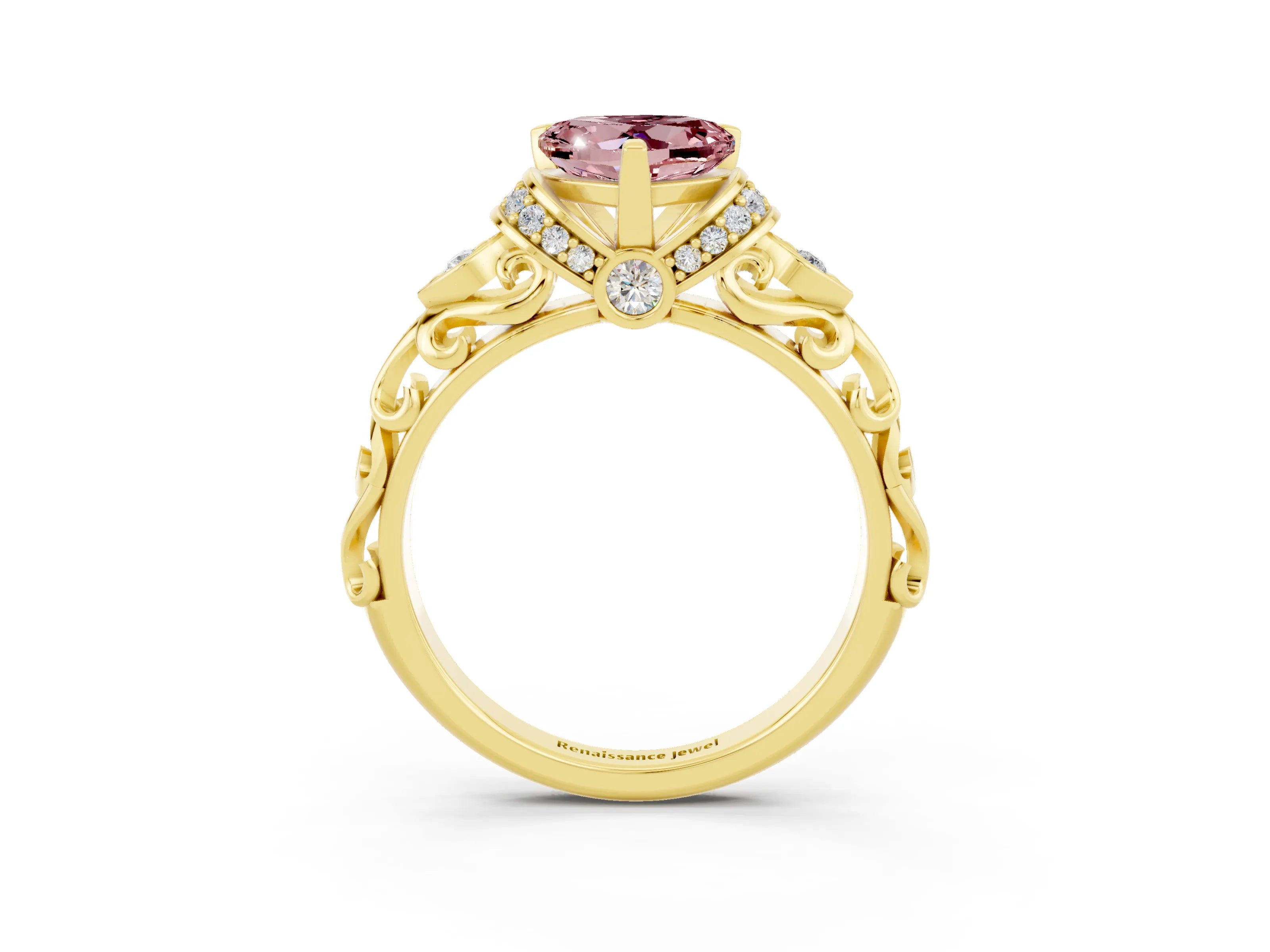 Yellow gold Heart Cut Morganite Solitaire Ring with Filigree Band and Four-Prong Setting_27