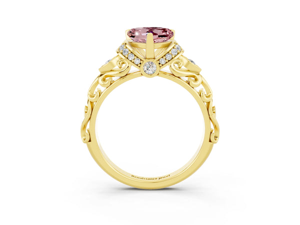 Yellow gold Heart Cut Morganite Solitaire Ring with Filigree Band and Four-Prong Setting