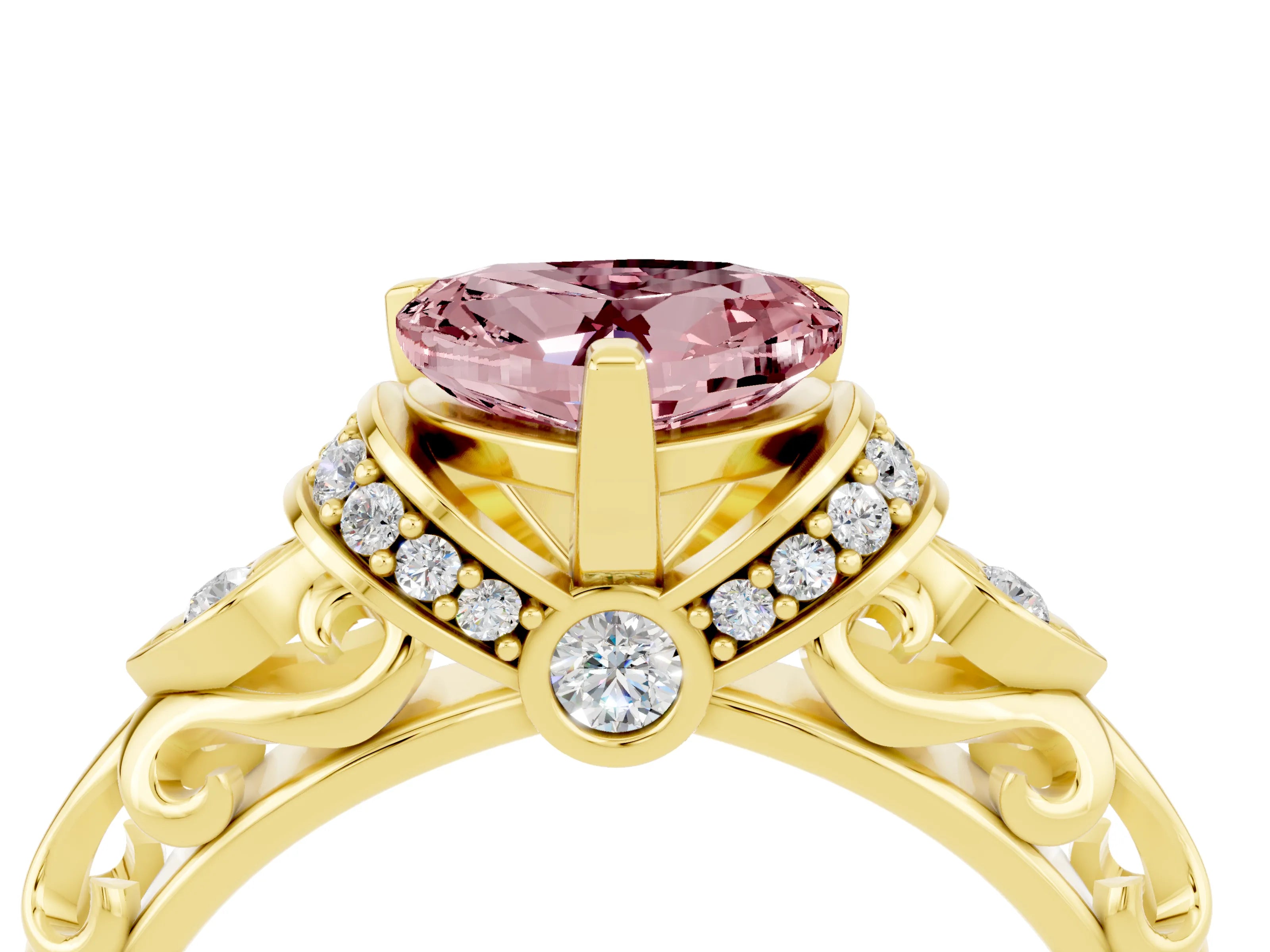 Yellow gold Heart Cut Morganite Solitaire Ring with Filigree Band and Four-Prong Setting_28