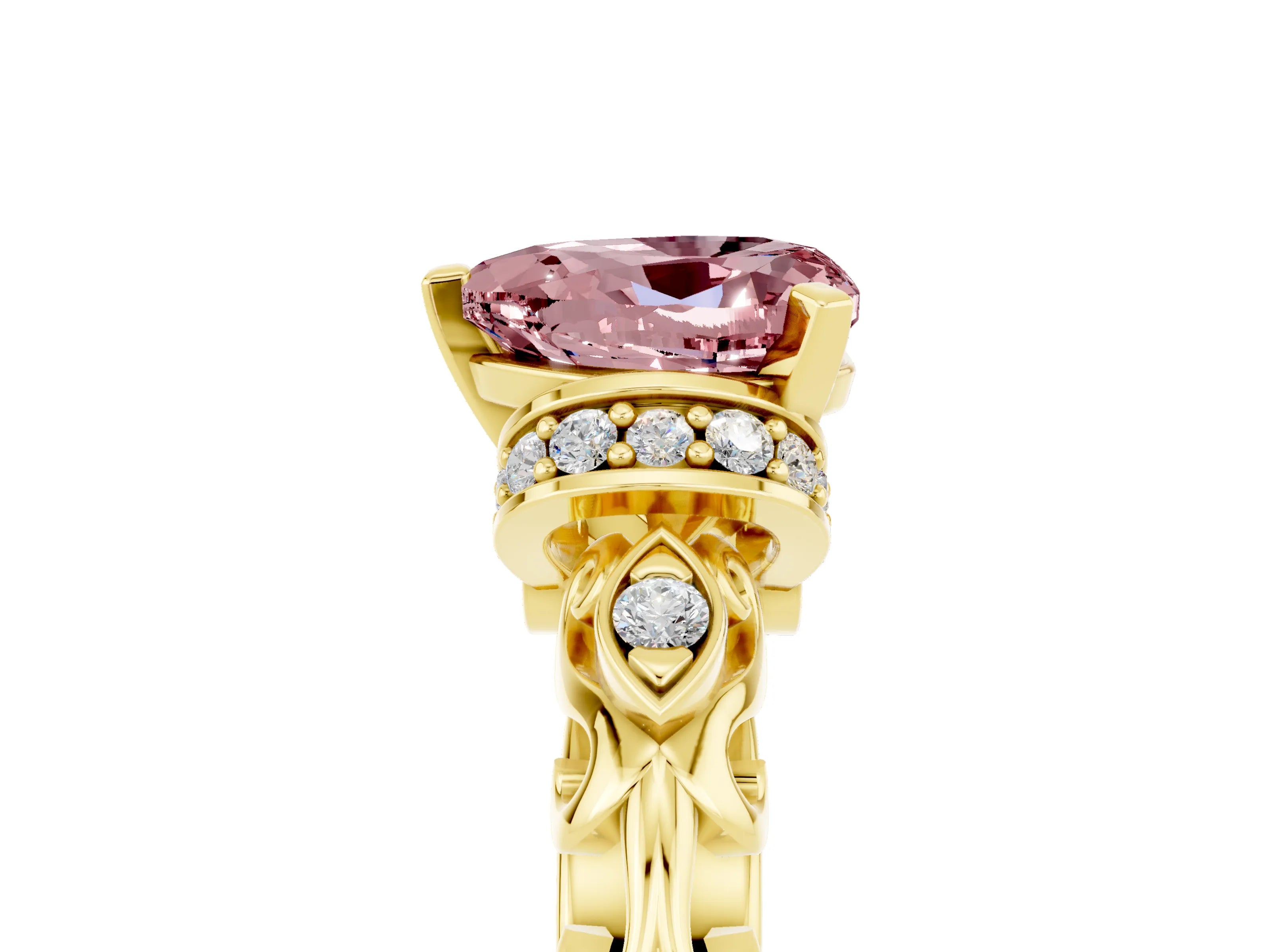 Yellow gold Heart Cut Morganite Solitaire Ring with Filigree Band and Four-Prong Setting_29