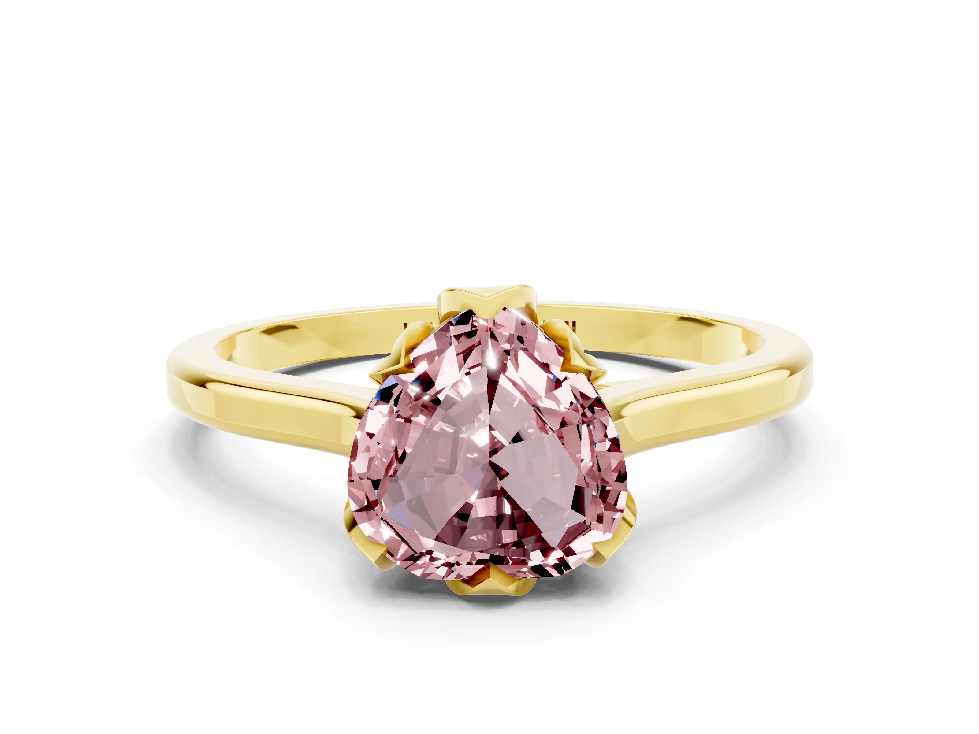 Yellow gold Heart Cut Morganite Solitaire Ring with Flower Prong Setting and Classic Band_12