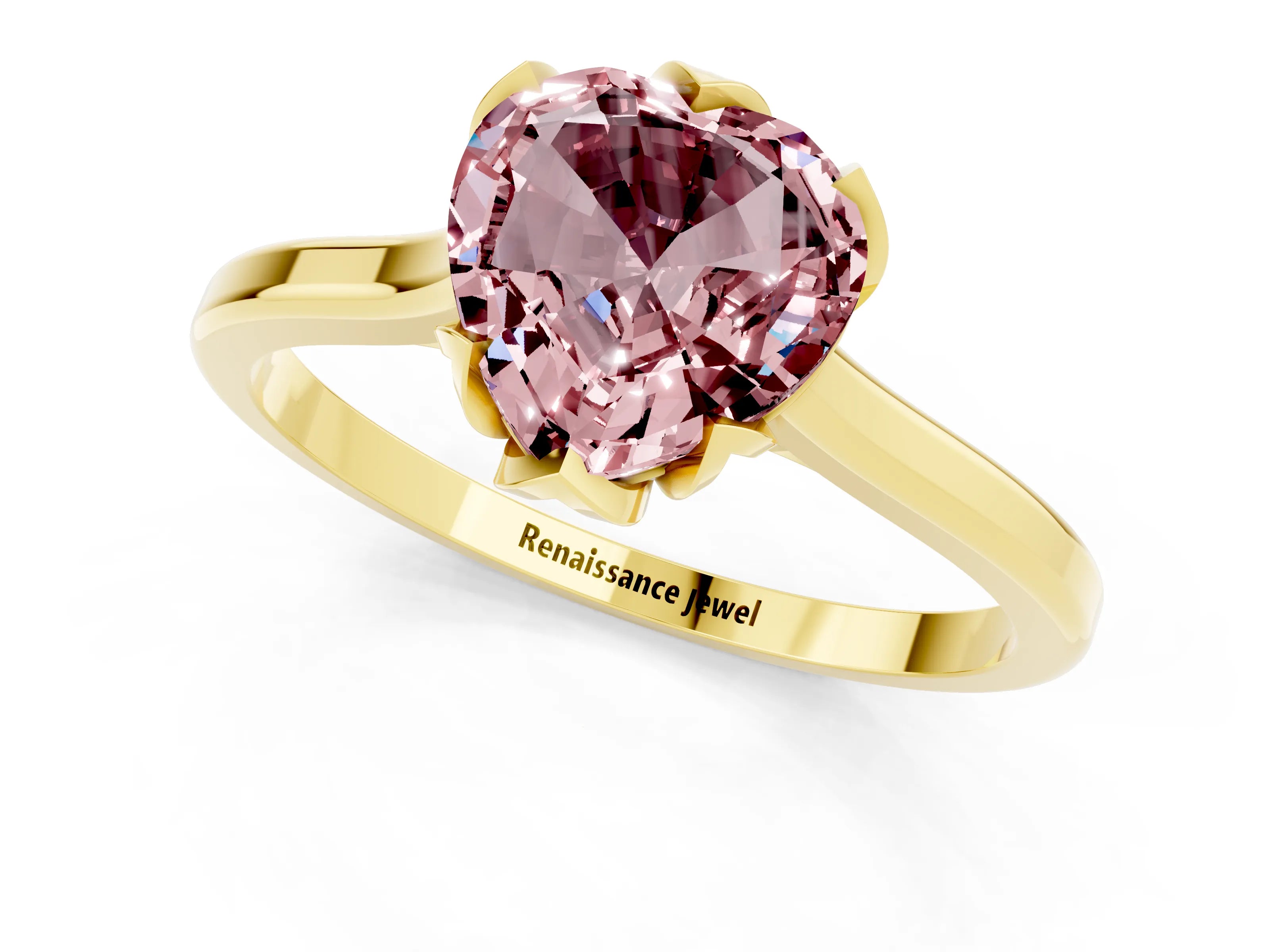 Yellow gold Heart Cut Morganite Solitaire Ring with Flower Prong Setting and Classic Band_13