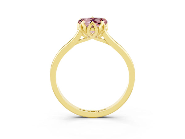 Yellow gold Heart Cut Morganite Solitaire Ring with Flower Prong Setting and Classic Band