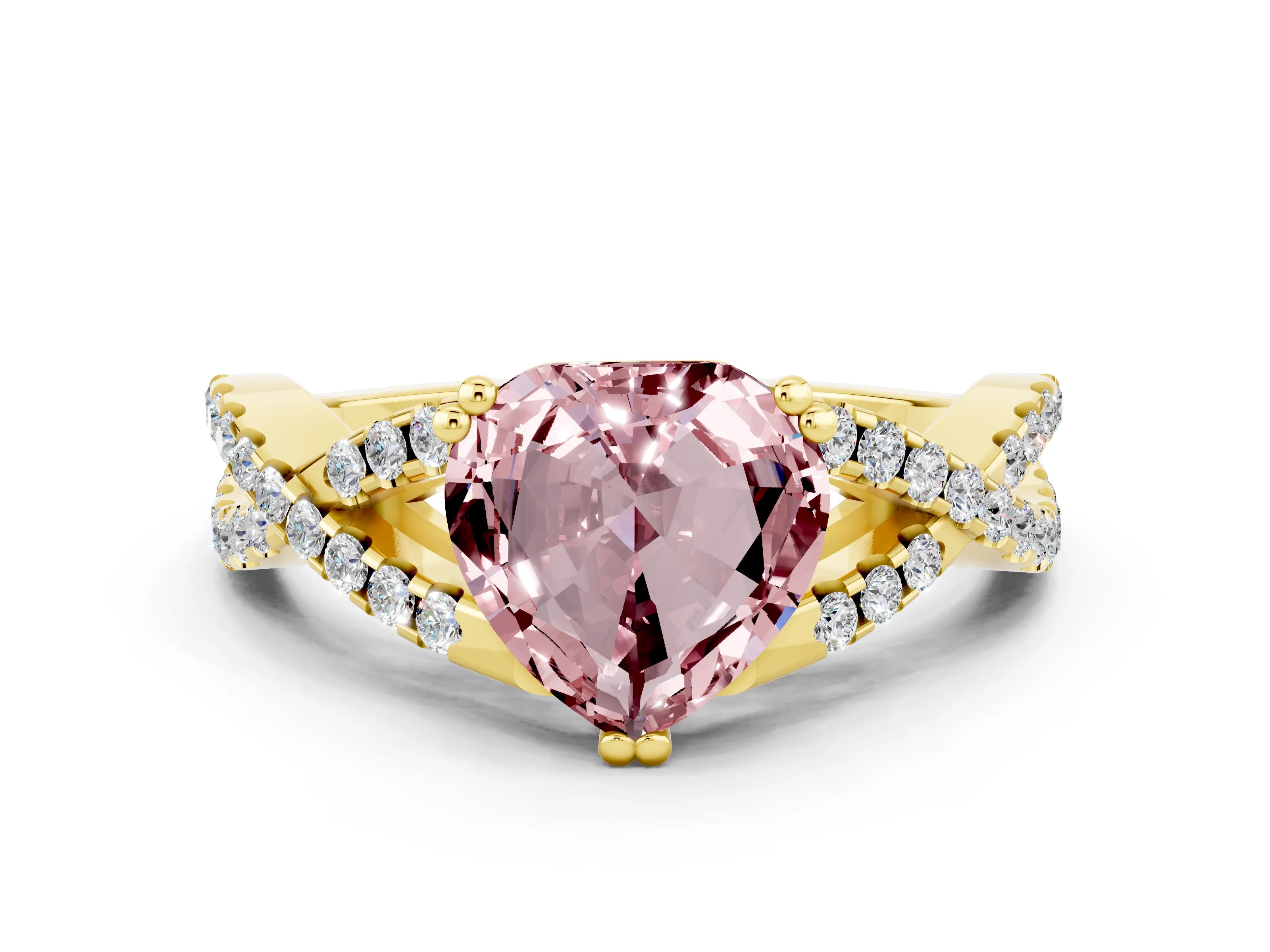 Yellow gold Heart Cut Morganite Solitaire Ring with Four-Prong Setting and Twisted Pavé Band
