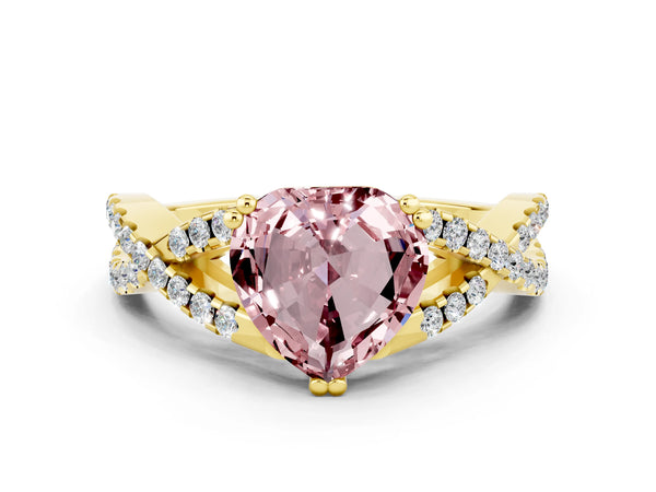 Yellow gold Heart Cut Morganite Solitaire Ring with Four-Prong Setting and Twisted Pavé Band