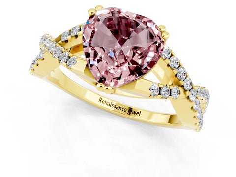 Yellow gold Heart Cut Morganite Solitaire Ring with Four-Prong Setting and Twisted Pavé Band_1