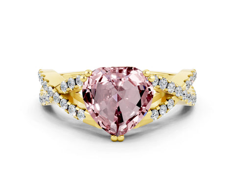 Yellow gold Heart Cut Morganite Solitaire Ring with Four-Prong Setting and Twisted Pavé Band