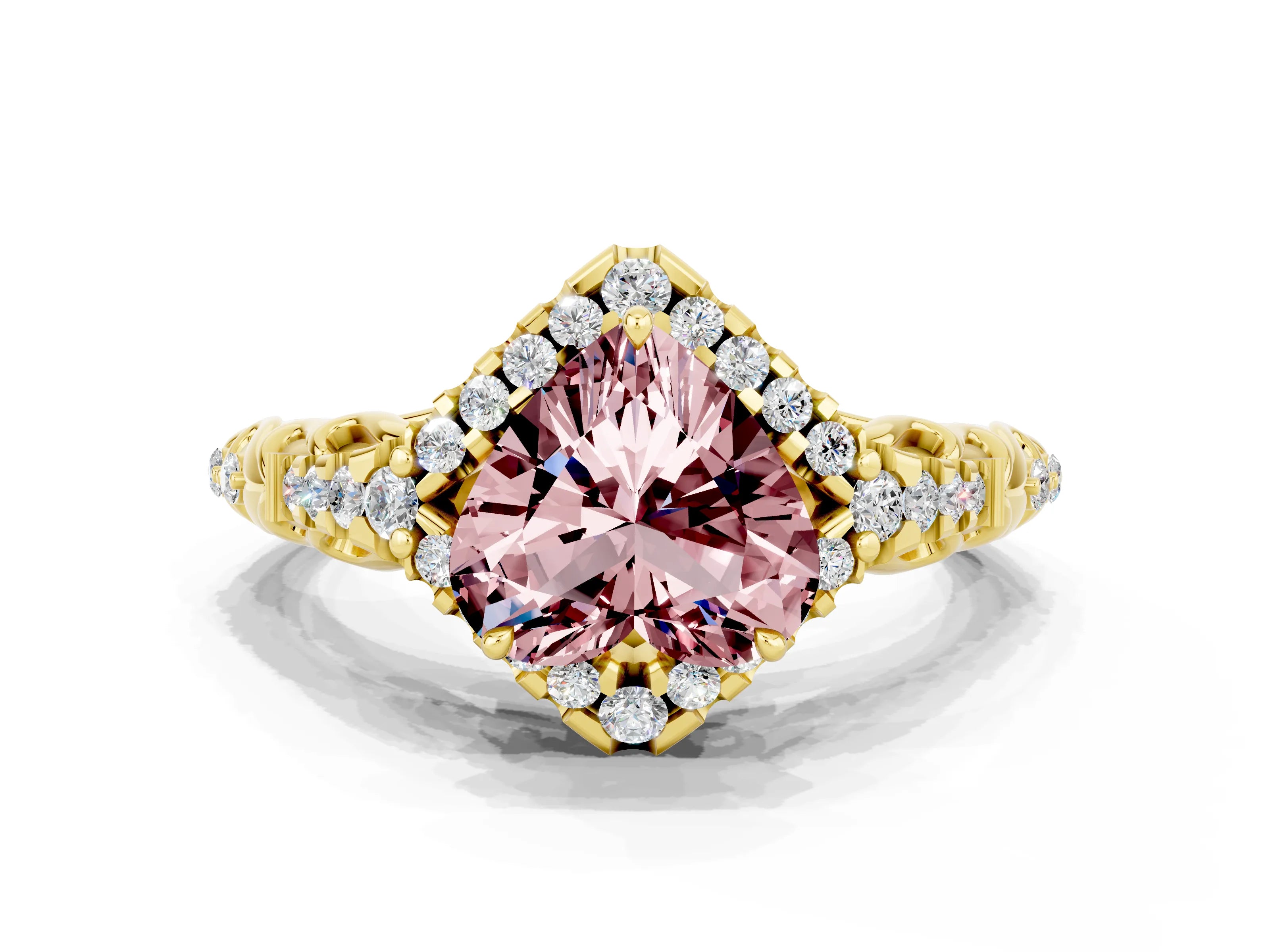 Yellow gold Heart Cut Morganite Solitaire Ring with Hidden Halo and Pavé Band_12